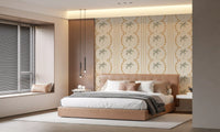 Tropical palm tree wallpaper styled with mustard-yellow stripes and dotted arches., GD9652