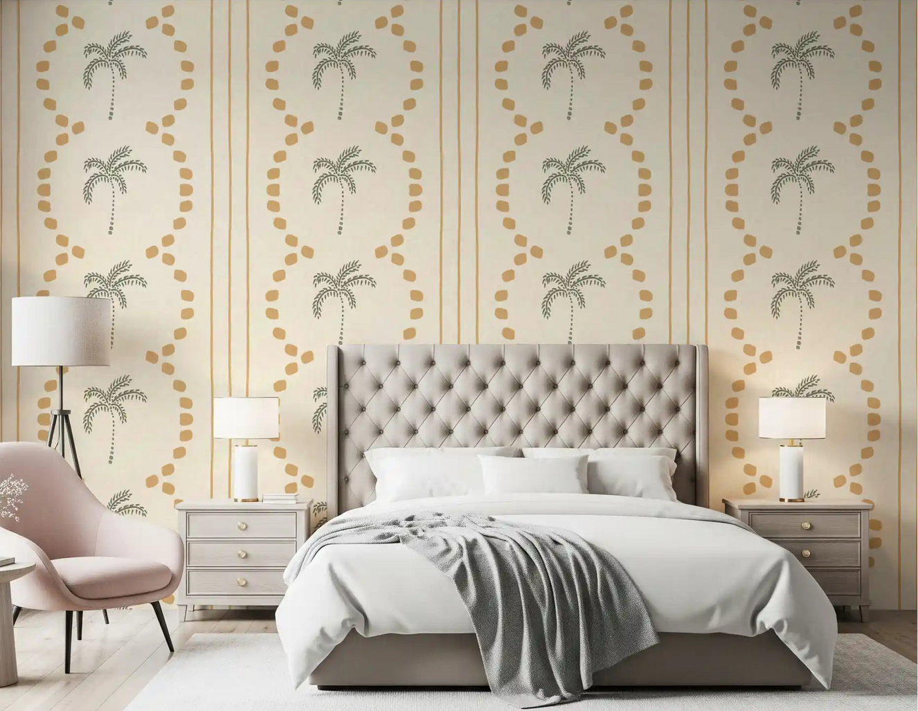 Sand-toned palms create a sun-kissed mood for a bedroom on this wallpaper.