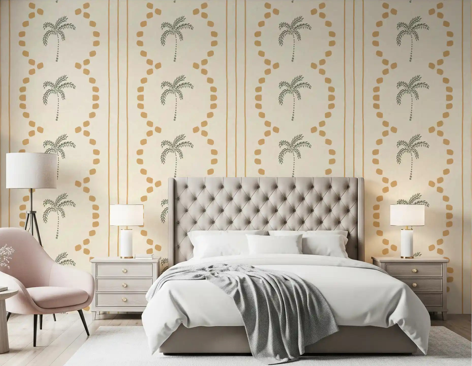 Sand-toned palms create a sun-kissed mood for a bedroom on this wallpaper., GD9652