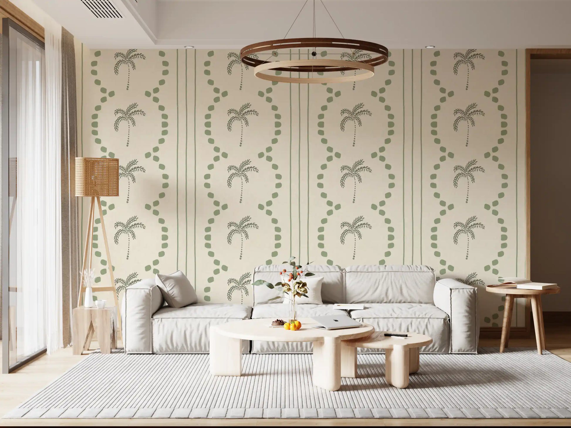 Gentle palm patterns ease a living room into a coastal mood with sage wallpaper.