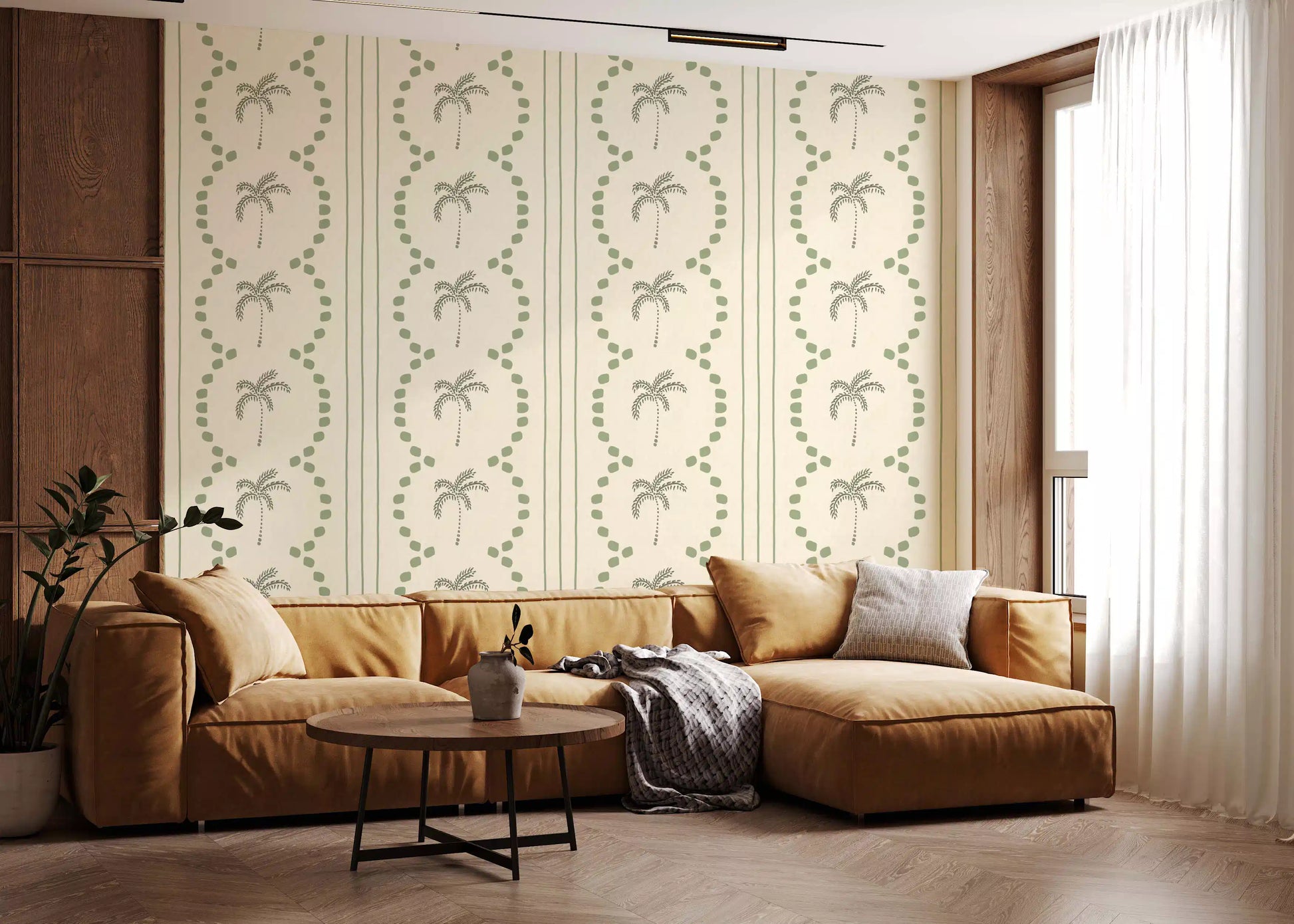 Sage green palm fronds appear between cream-toned vertical bands on this wallpaper.
