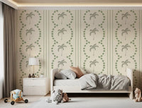 Coastal calm enters a bedroom through sage palm tree wallpaper details.