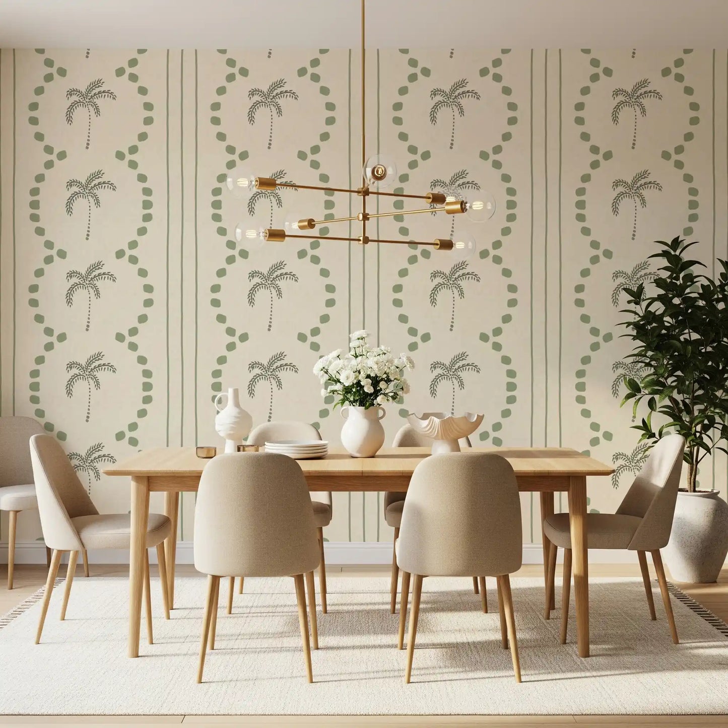 A relaxed island look fills this palm tree wallpaper in muted coastal greens.
