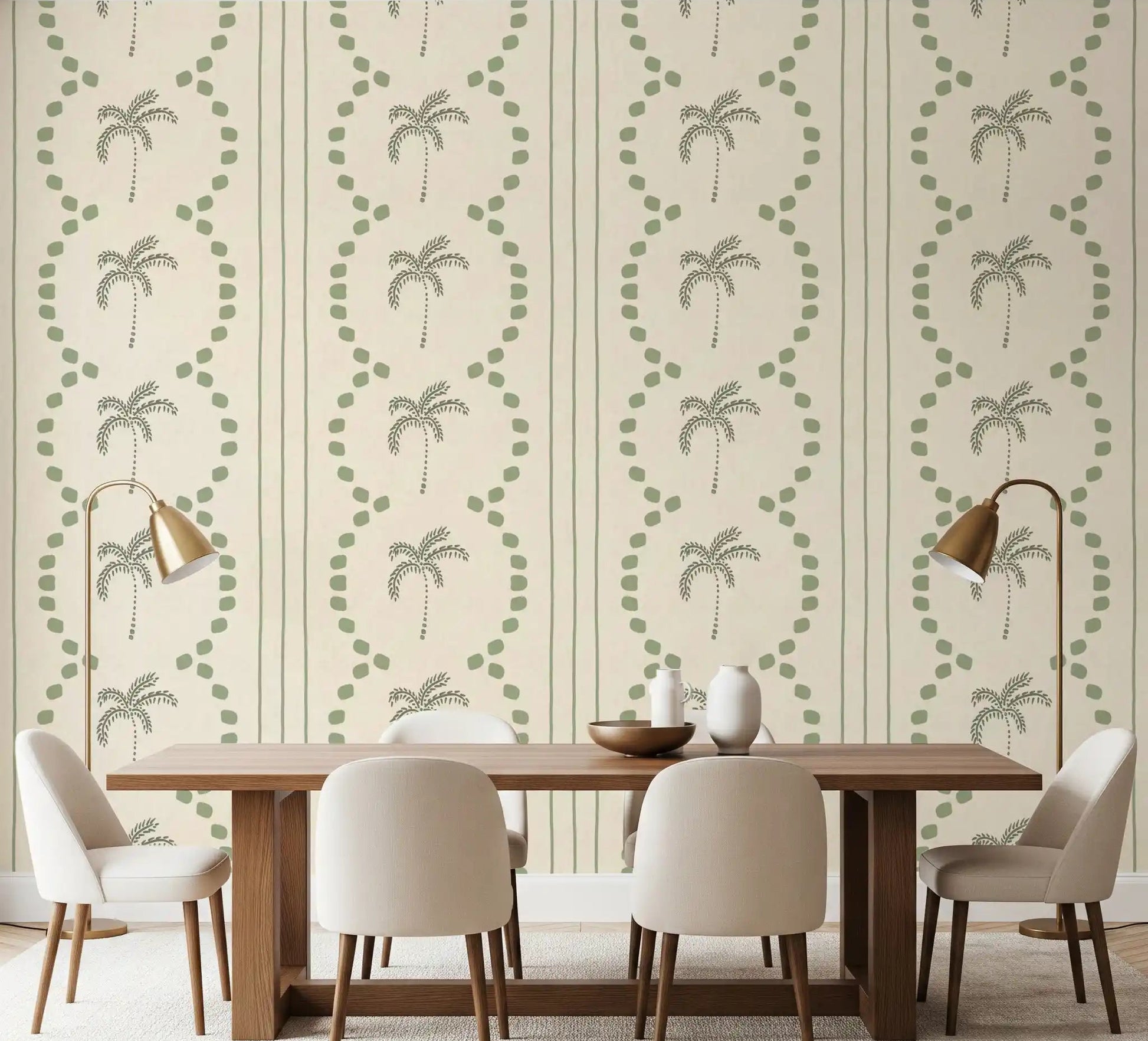 Tropical palm motifs warm a dining room with sage green tones on wallpaper.
