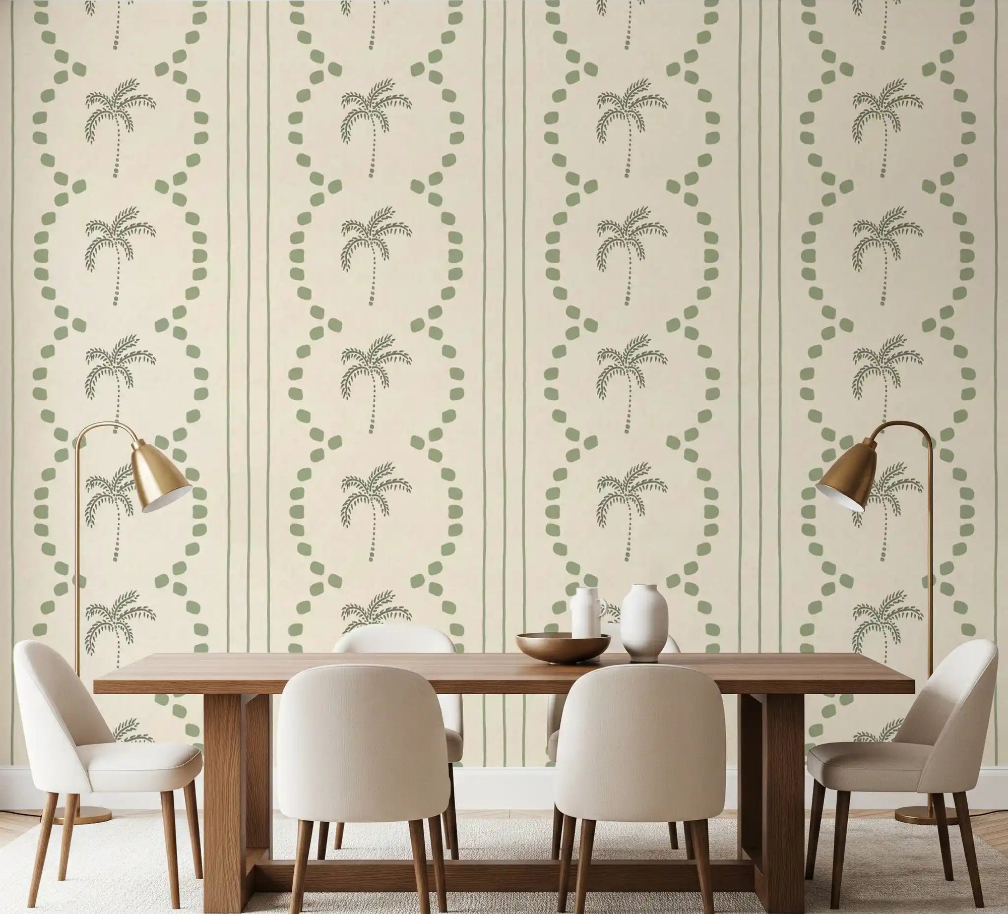 Tropical palm motifs warm a dining room with sage green tones on wallpaper., GD9653