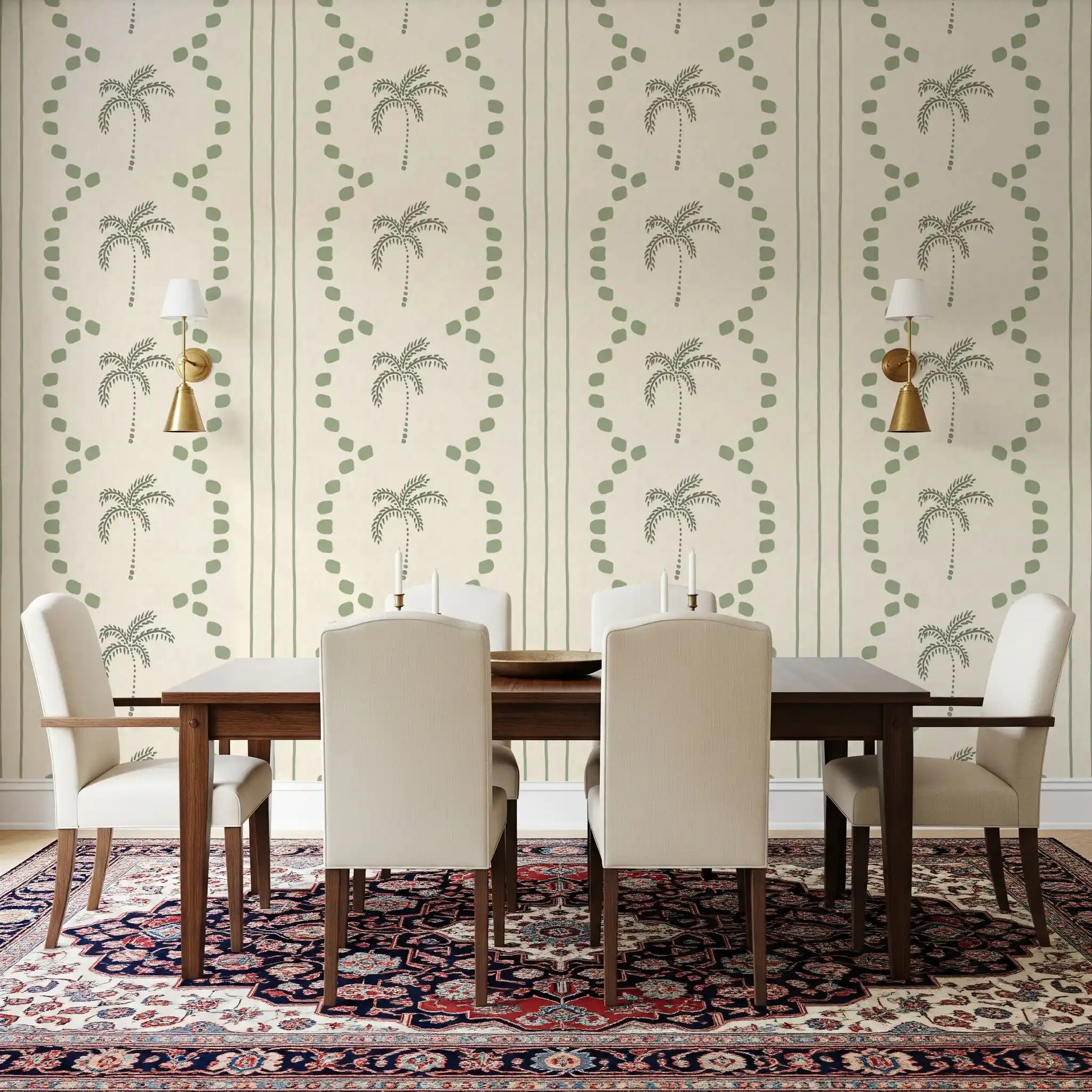 Tropical palm wallpaper in sage green with dotted vertical lines and slim stripes.