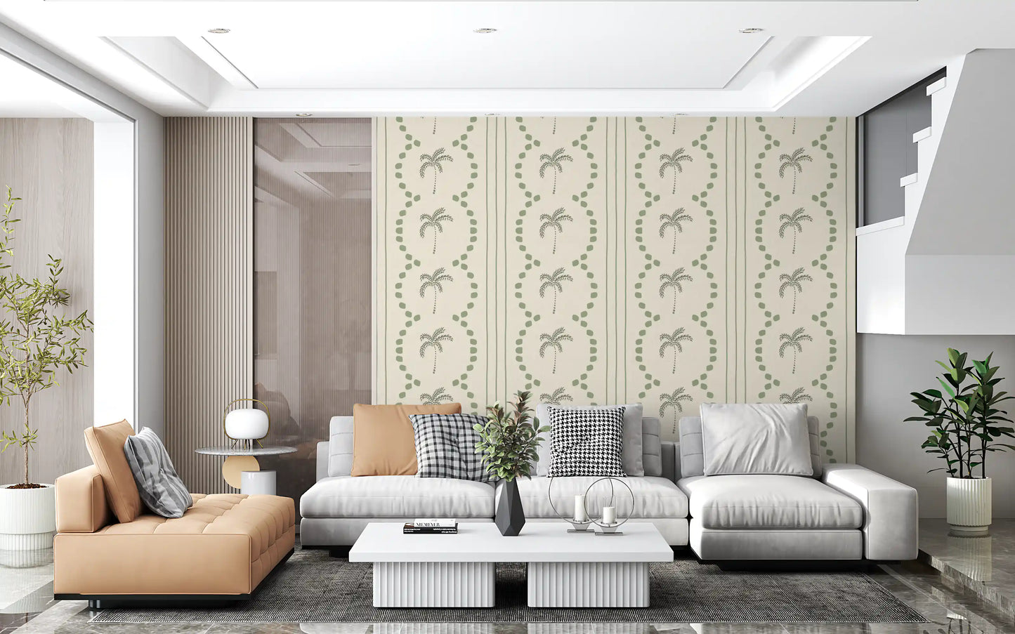 Breezy palm pattern lights up a Living room with sage green wallpaper accents.