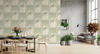 Single-shade sage Deco wallpaper, palm trees centred inside arches with rays above each., GD9654