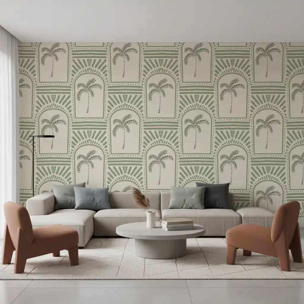 Fern-toned Deco archway wallpaper, palm trees centred inside each arch with rays above., GD9654