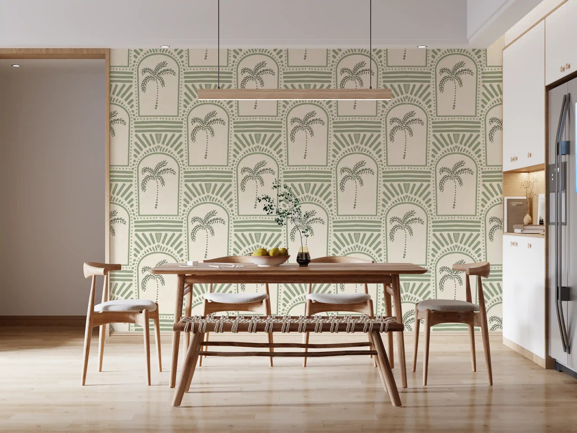 Master Dining room with sage archway wallpaper, palm centres inside each arch., GD9654