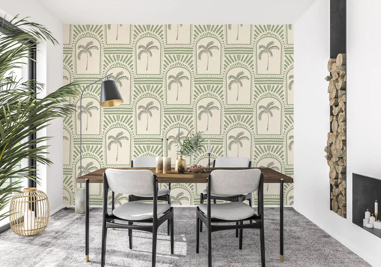Ornamental sage Deco wallpaper: archways, rays, dots, stripes, palm trees in one tone., GD9654