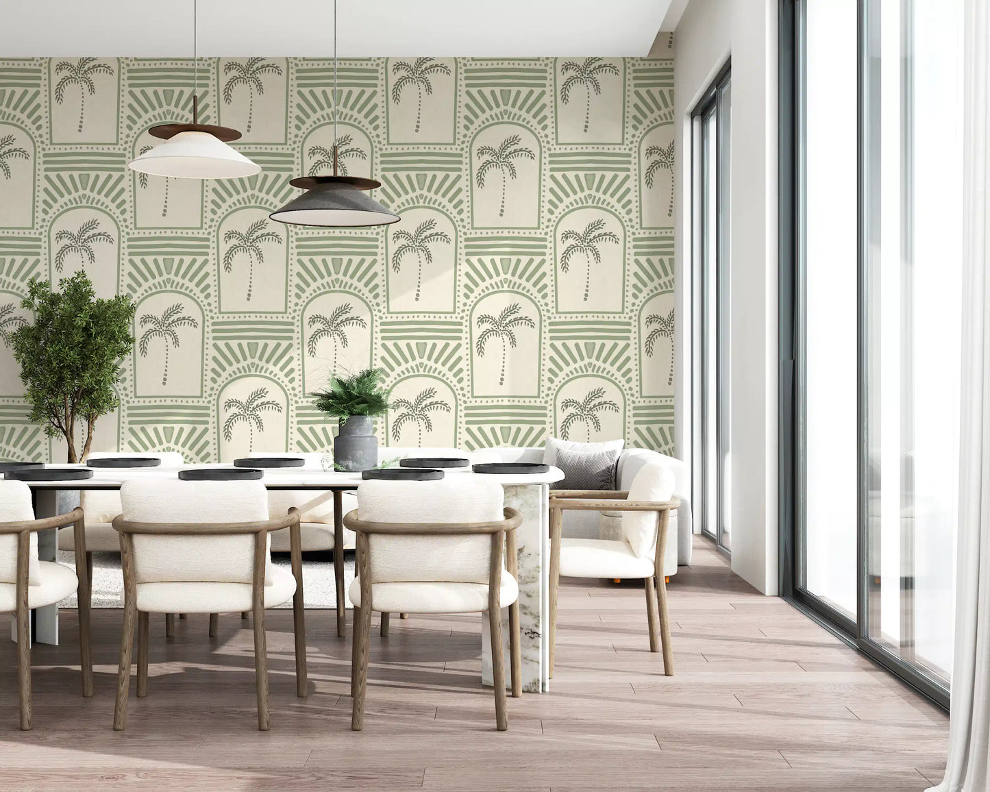 Snug Dining room with sage archway wallpaper, palm centres inside each arch., GD9654