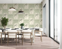 Snug Dining room with sage archway wallpaper, palm centres inside each arch., GD9654