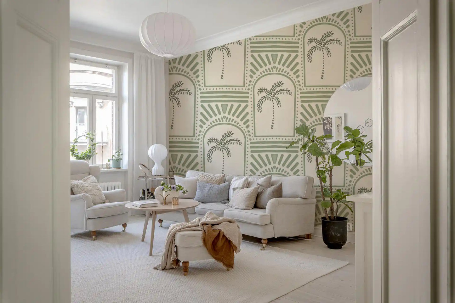 Portion of sage Deco archway wallpaper showing palm centres, rays, and dot trails., GD9654