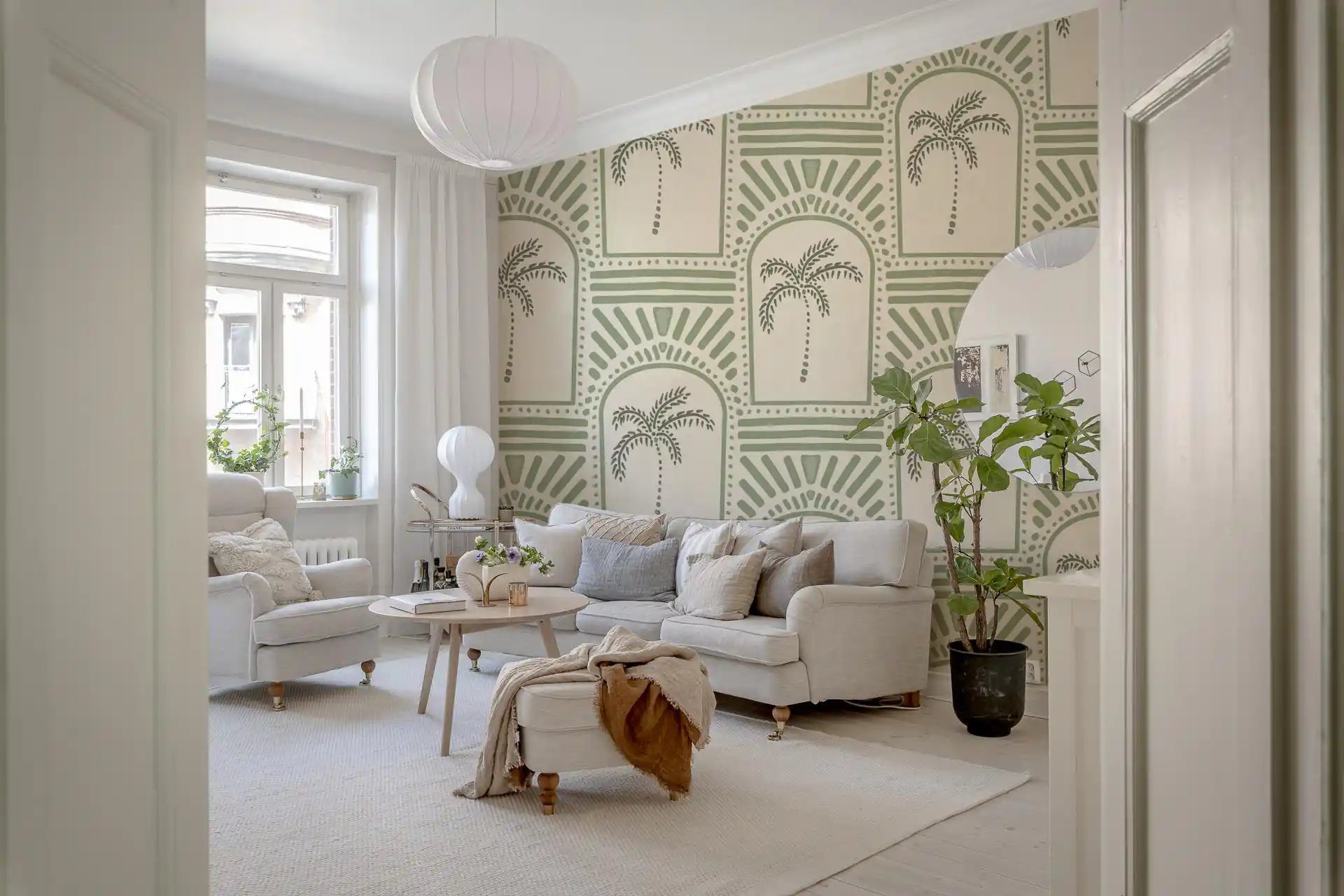 Portion of sage Deco archway wallpaper showing palm centres, rays, and dot trails., GD9654