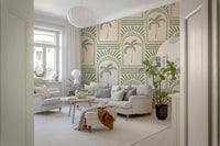 Portion of sage Deco archway wallpaper showing palm centres, rays, and dot trails., GD9654