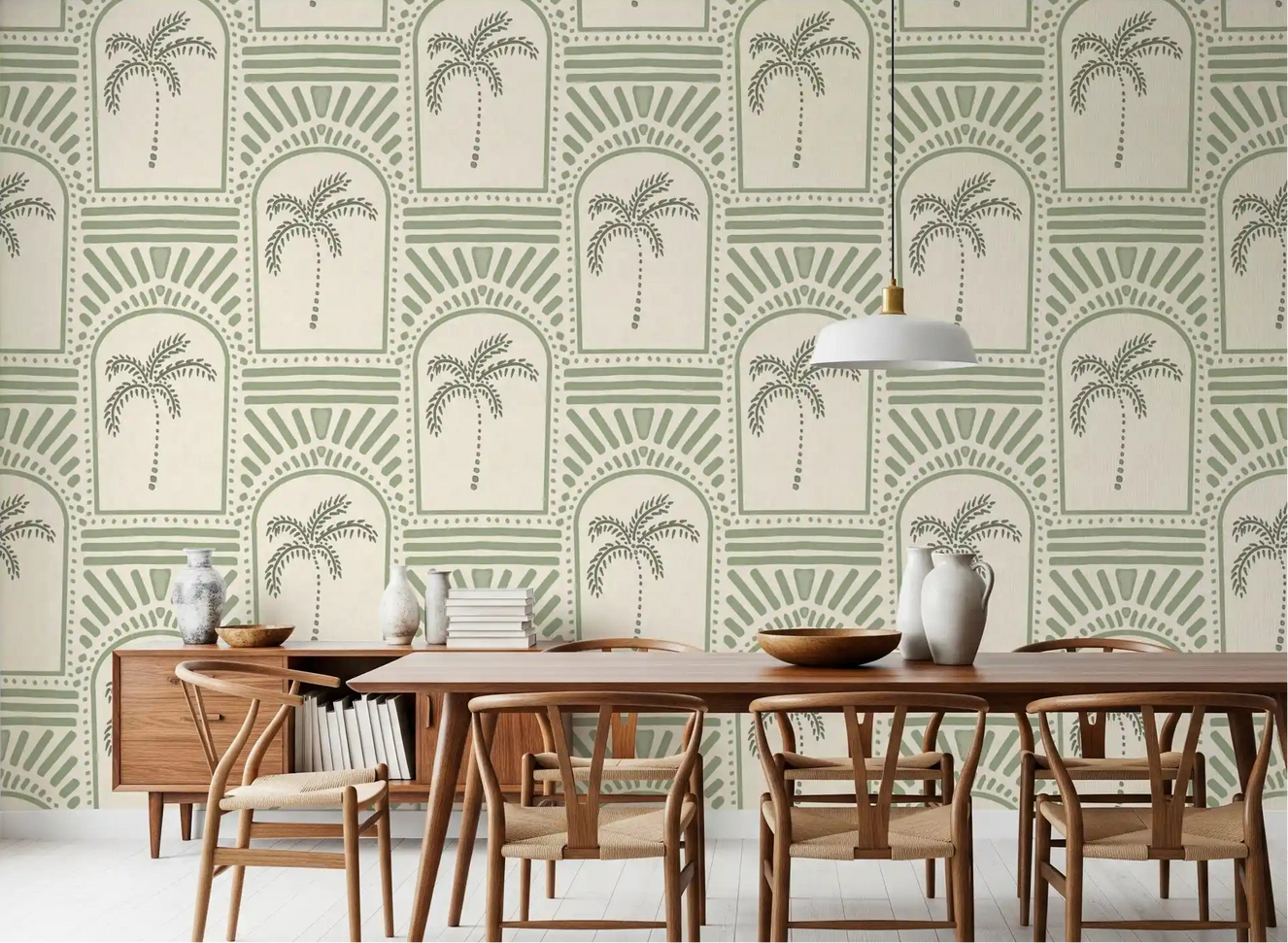 Garden-green archway wallpaper wrapping a wide dining room with palm centres on cream.