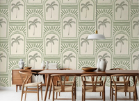 Garden-green archway wallpaper wrapping a wide dining room with palm centres on cream., GD9654