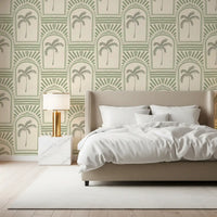 Forest-toned archway wallpaper styling a relaxed Bedroom with palm centres inside., GD9654