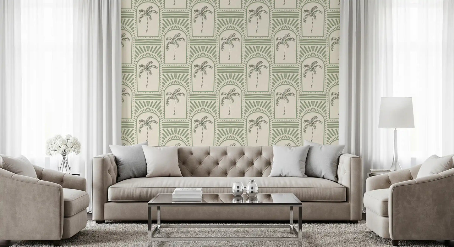 Mid-green archway wallpaper across a second Living room with palm centres inside arches., GD9654