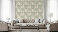 Mid-green archway wallpaper across a second Living room with palm centres inside arches., GD9654