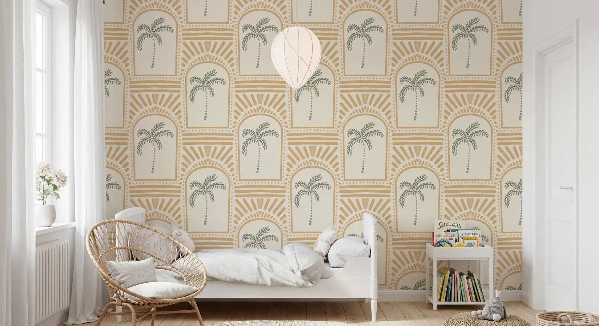 Buttery sand archway wallpaper outlining a Kids Bedroom angle with sage palms inside.