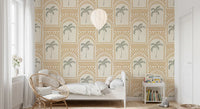 Buttery sand archway wallpaper outlining a Kids Bedroom angle with sage palms inside.