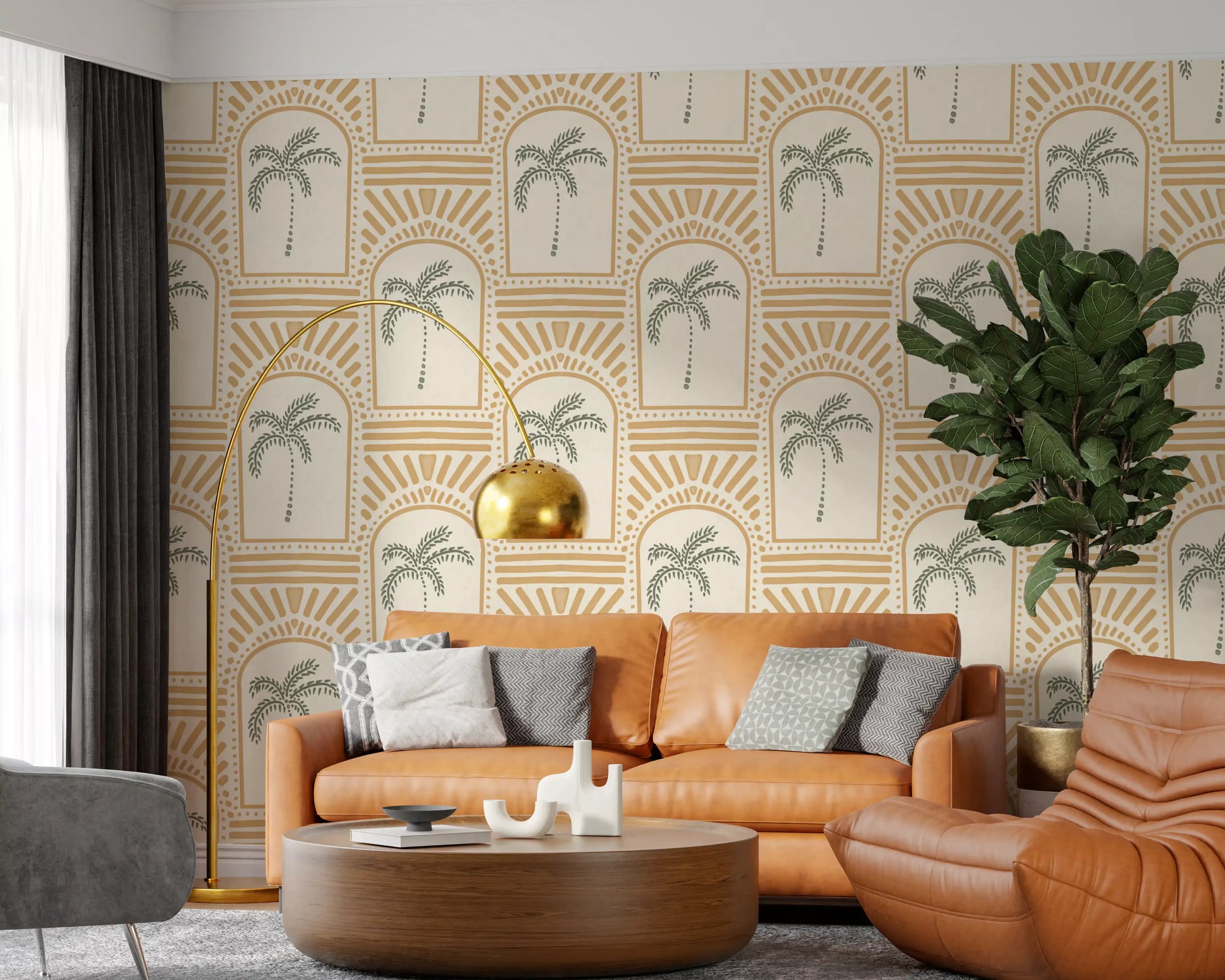 Cream-leaning archway wallpaper mapping a third lounge angle with sage palms inside.