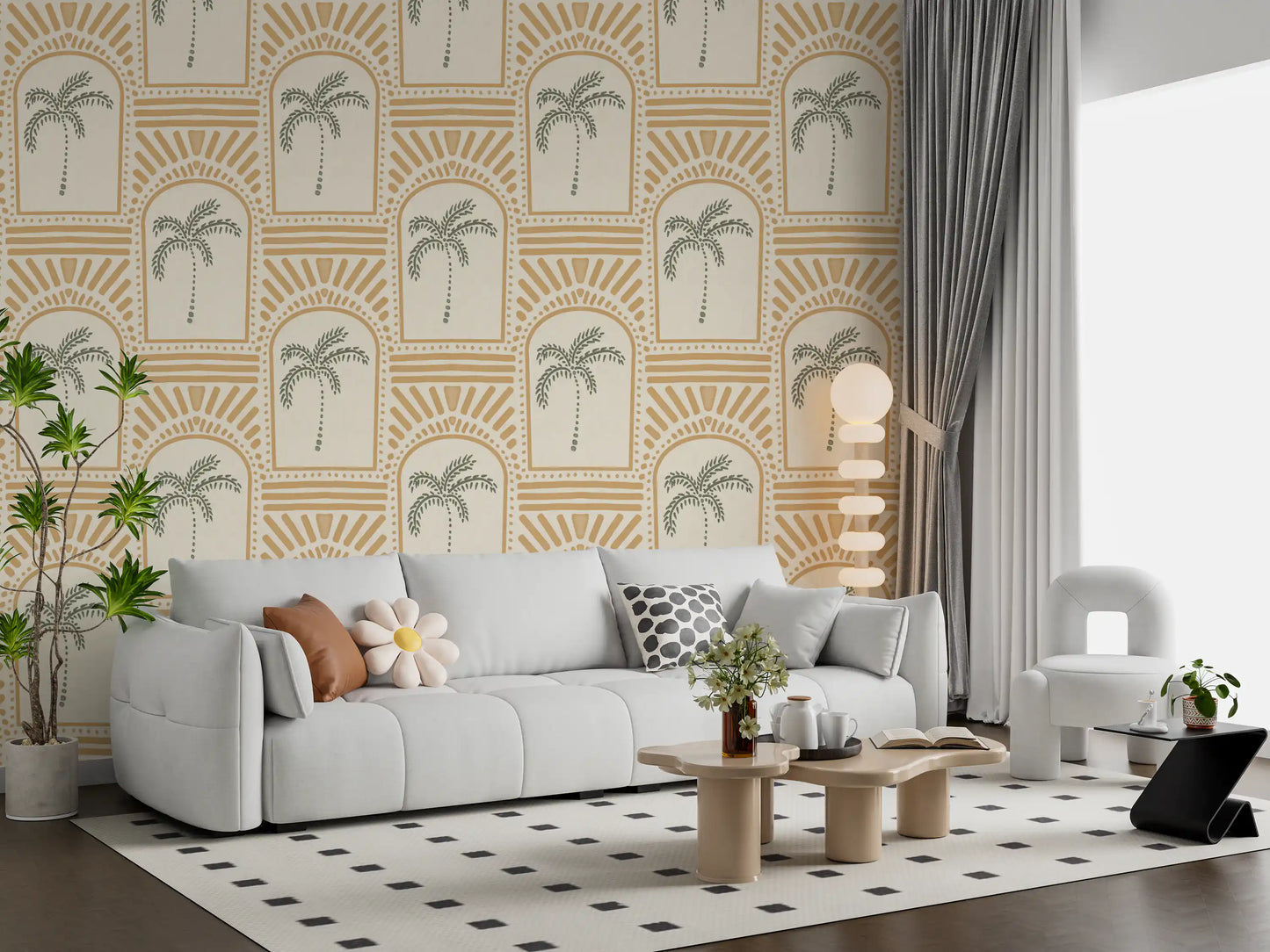 Tropical-Deco lounge with honey-sand archway wallpaper, sage palms inside each arch.
