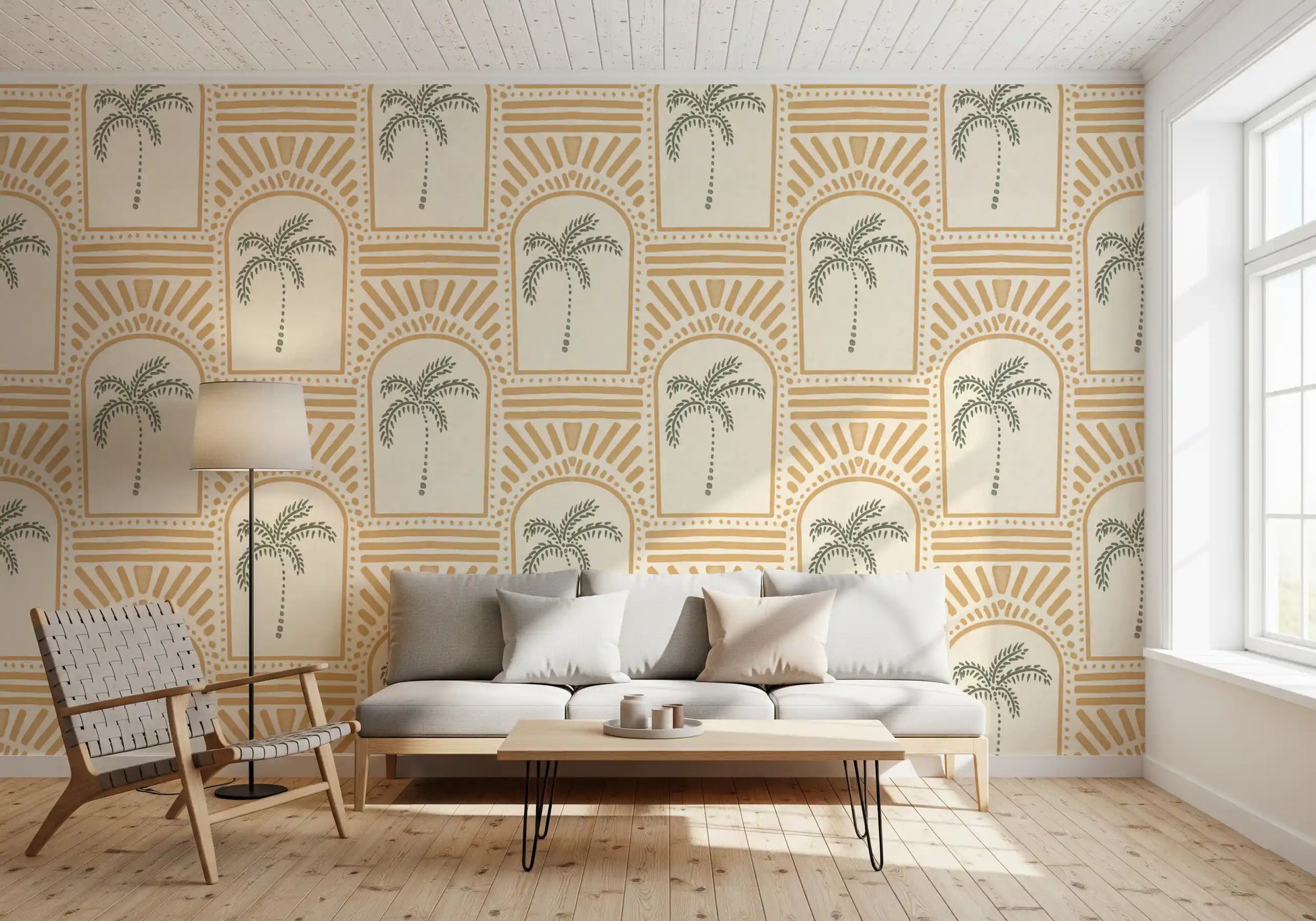 Sun-warmed archway wallpaper highlighting a relaxed living room with sage palms inside.