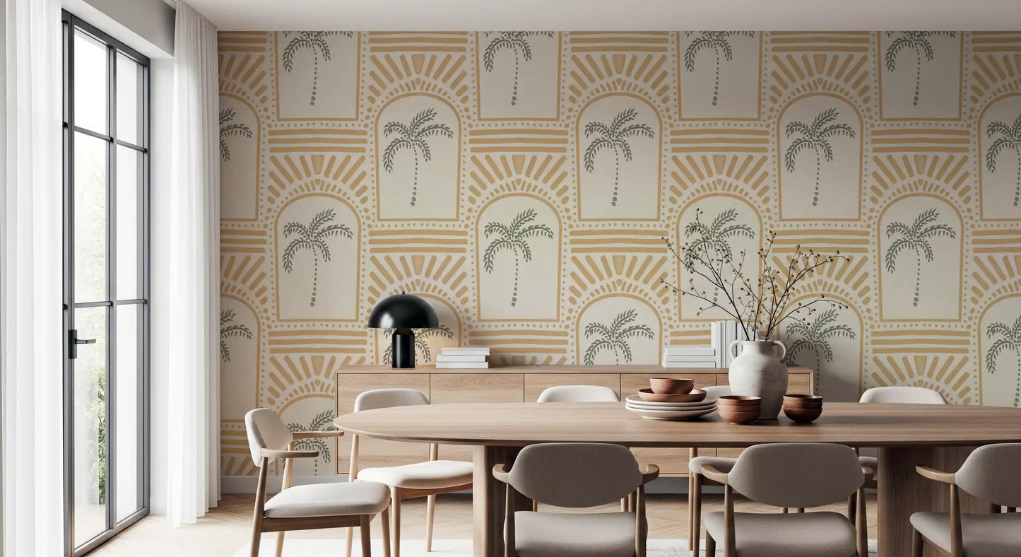 Centred sage palms inside each sand archway, sunburst rays above on this Deco wallpaper.