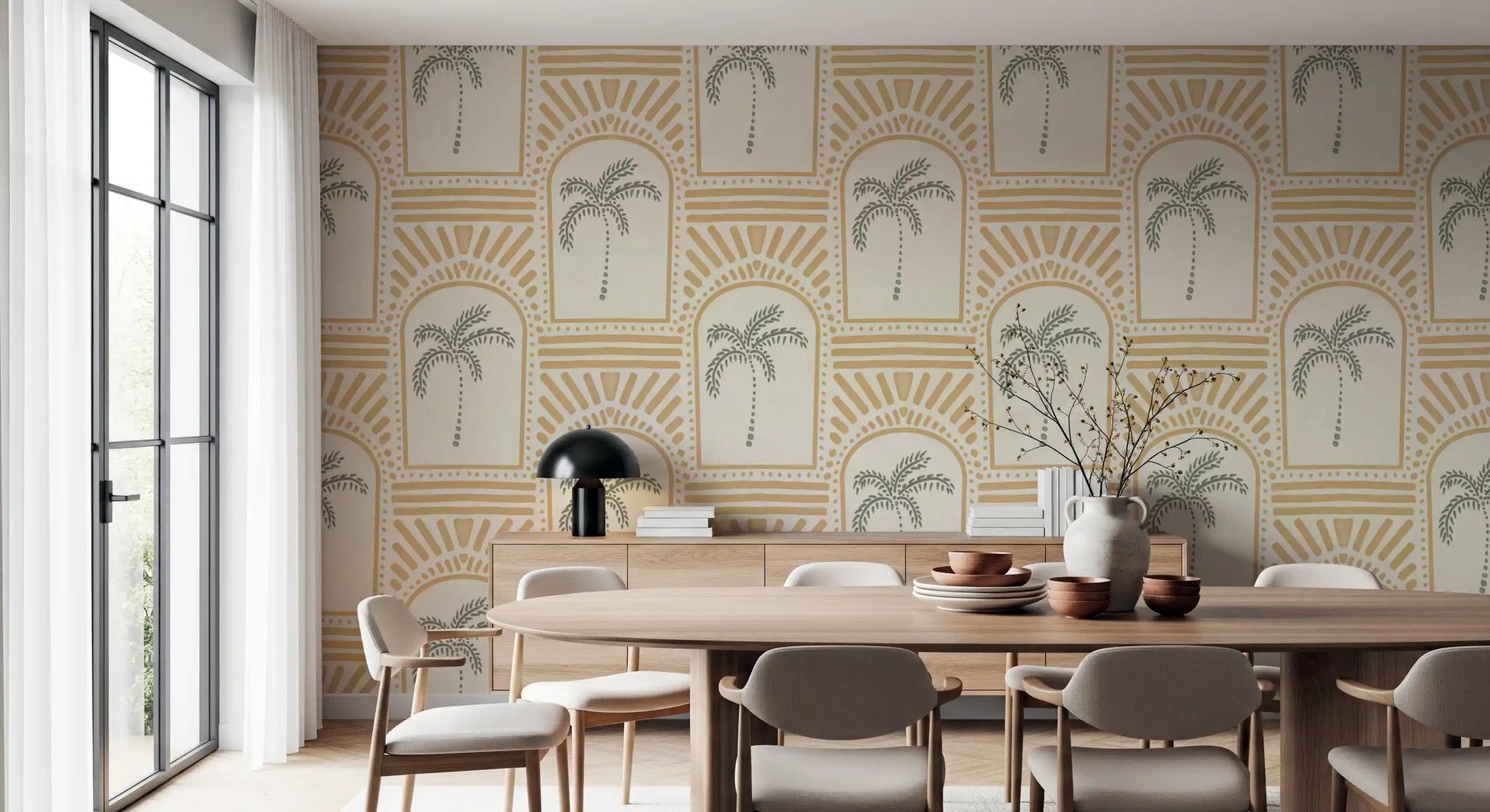 Centred sage palms inside each sand archway, sunburst rays above on this Deco wallpaper.
