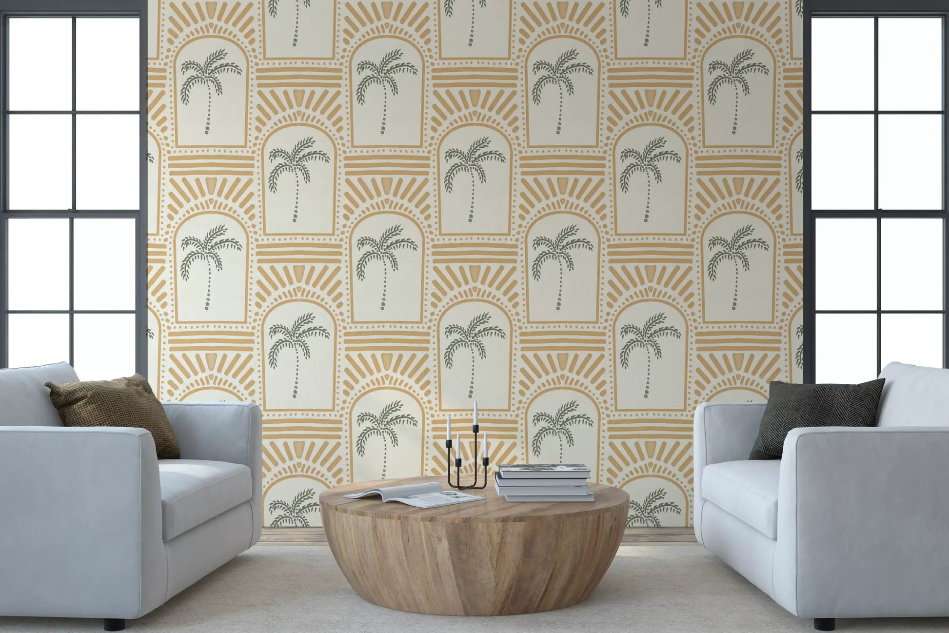 Sunbursts above each archway with sage palms inside, honey-sand on this Deco wallpaper.