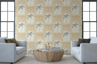 Sunbursts above each archway with sage palms inside, honey-sand on this Deco wallpaper.