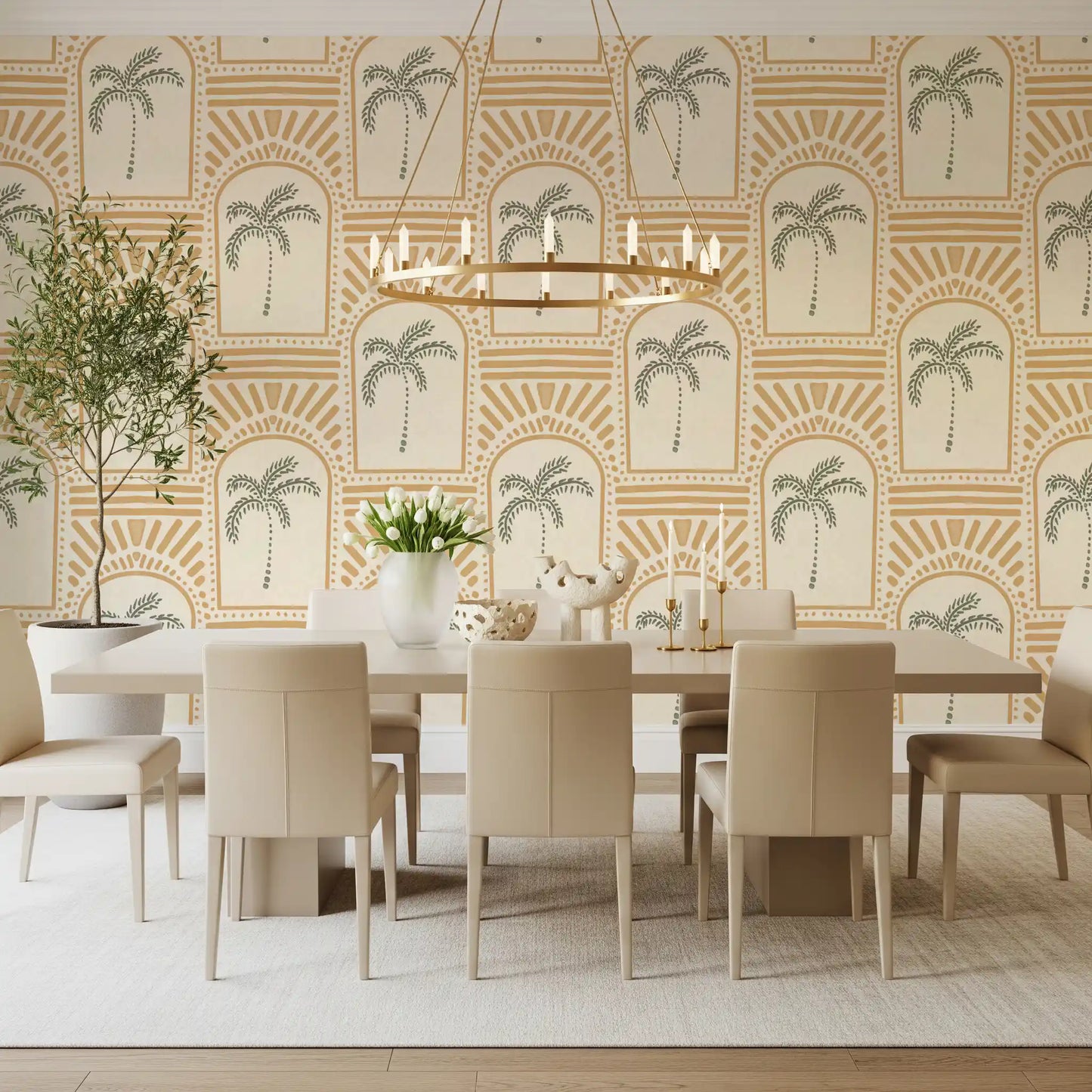 Honey-sand archways frame sage palm trees with matching rays above on this wallpaper.