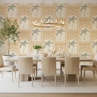 Honey-sand archways frame sage palm trees with matching rays above on this wallpaper.