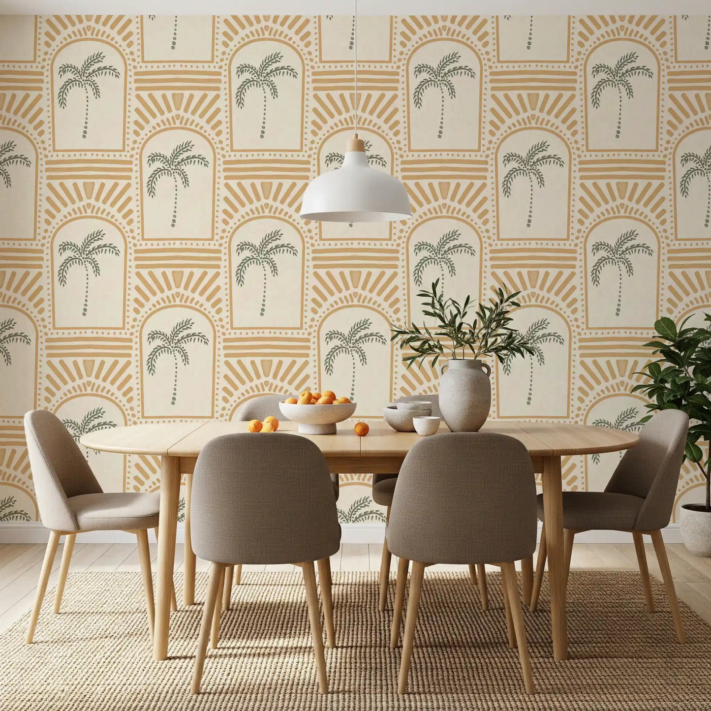 Easygoing Dining room view with honey-sand archway wallpaper, sage palms inside each arch.