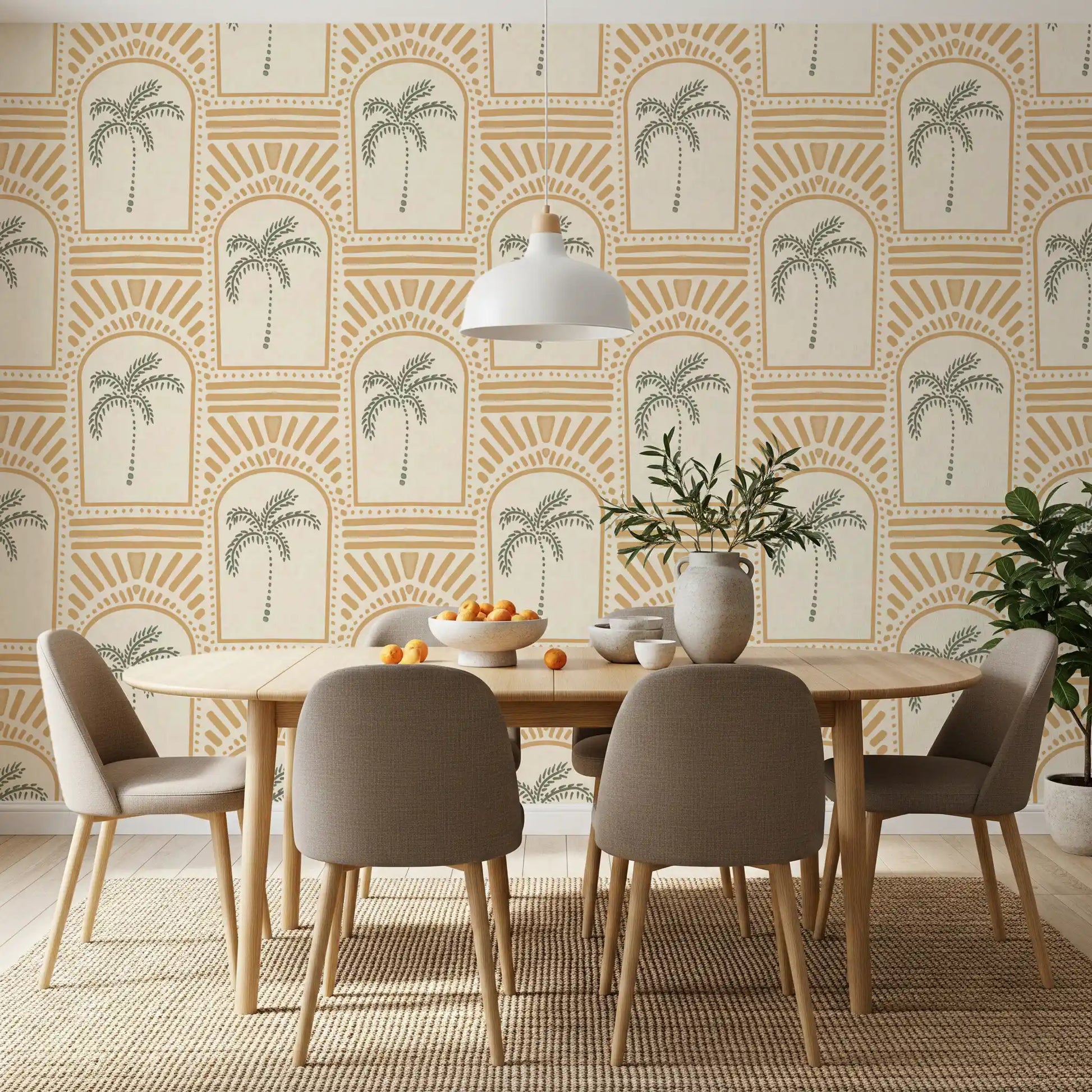 Easygoing Dining room view with honey-sand archway wallpaper, sage palms inside each arch.