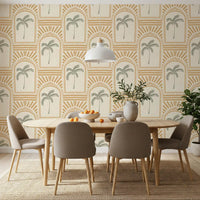 Easygoing Dining room view with honey-sand archway wallpaper, sage palms inside each arch.