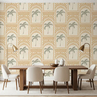 Honey-sand archway wallpaper cycling along a wide dining room with sage palms inside.