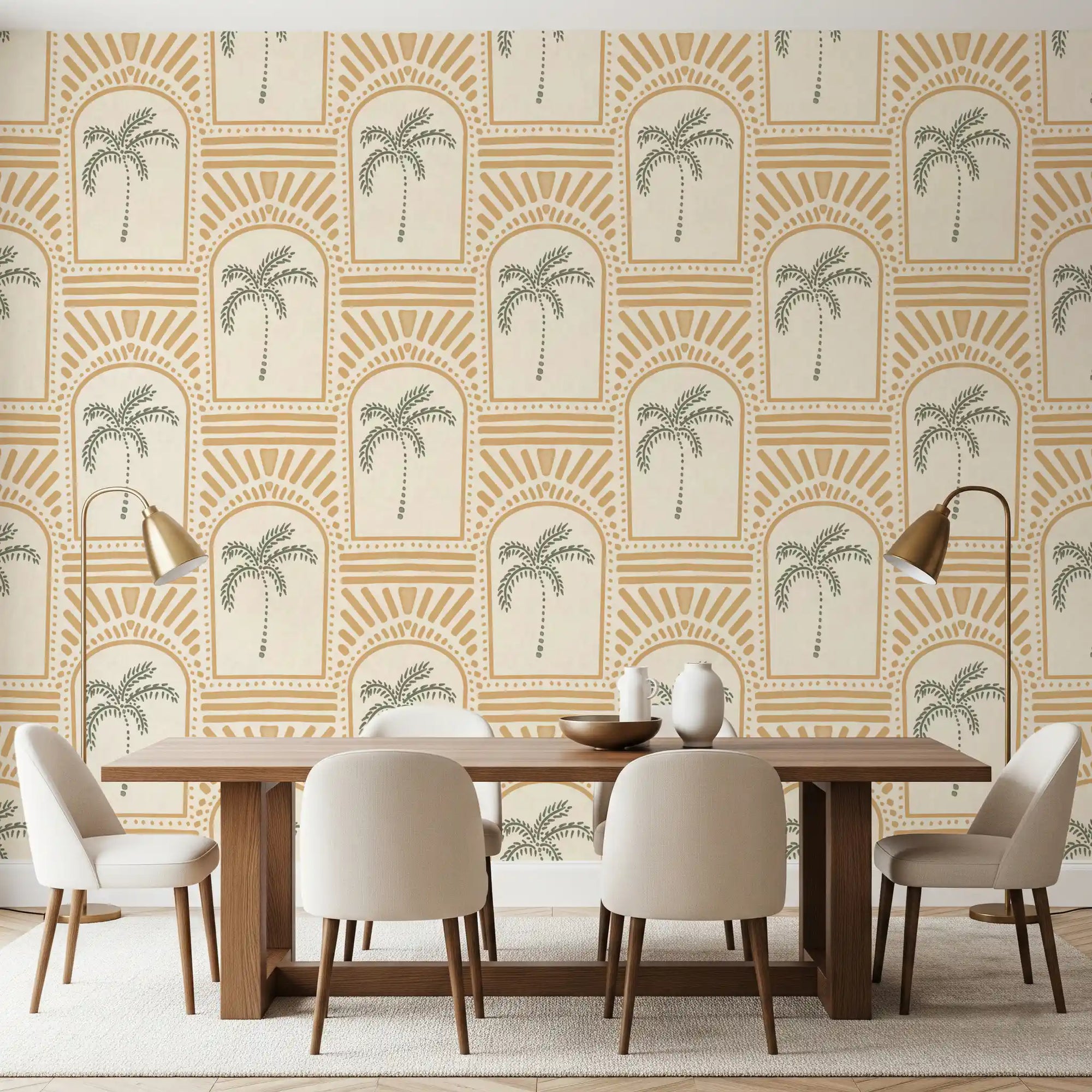 Honey-sand archway wallpaper cycling along a wide dining room with sage palms inside., GD9655