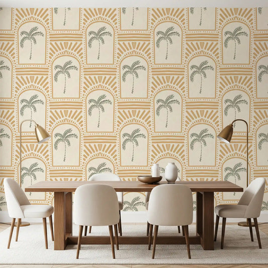 Honey-sand archway wallpaper cycling along a wide dining room with sage palms inside.