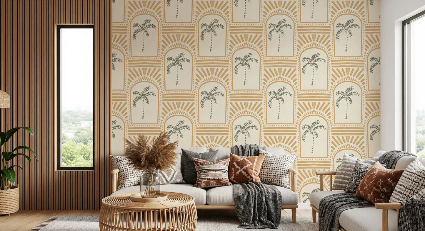 Mono-tone sand Deco wallpaper, sage palms in arches with rays radiating above each one.