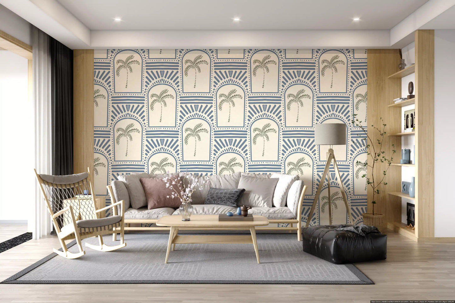 Living room with slate blue archway wallpaper, sage palm trees inside each arch.
