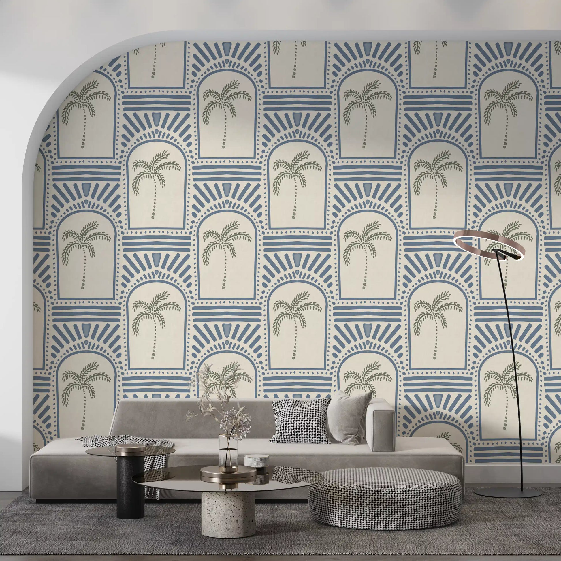 All-blue Deco archway wallpaper, sage palm trees centred inside each arch on cream linen.