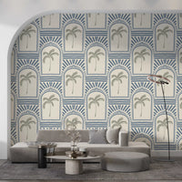 All-blue Deco archway wallpaper, sage palm trees centred inside each arch on cream linen.