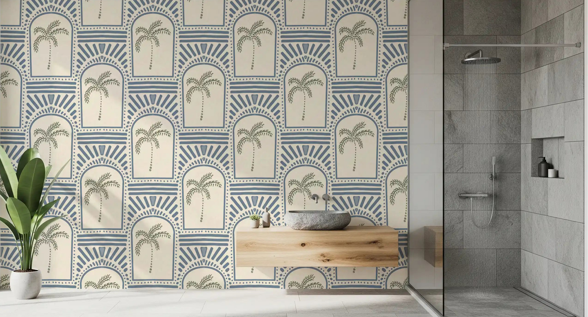 Bathroom feature with slate blue archway wallpaper, sage palm trees inside arches., GD9656