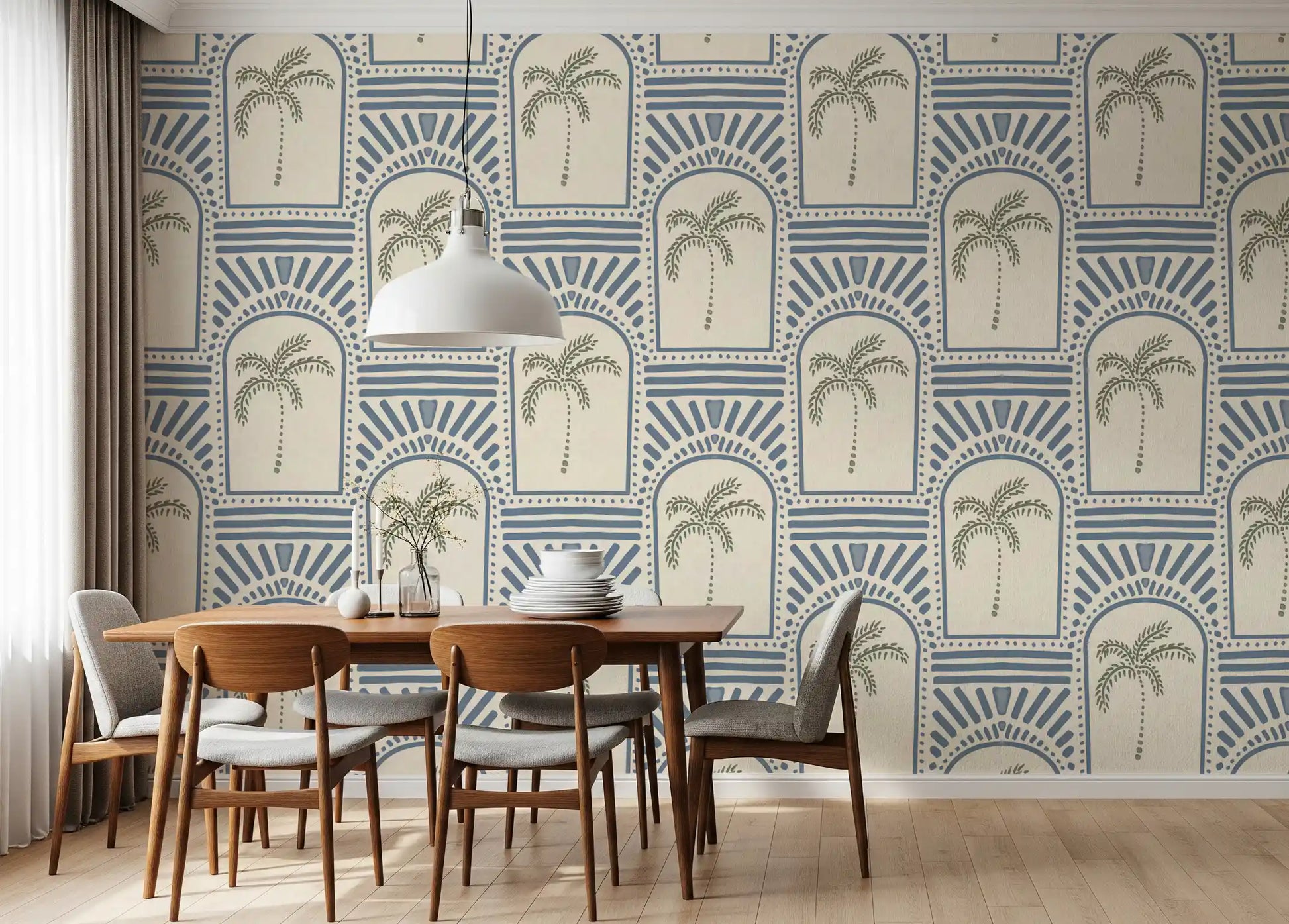 Slate blue arches with sage palm trees inside, slate blue rays above on this wallpaper.