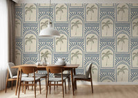 Slate blue arches with sage palm trees inside, slate blue rays above on this wallpaper.