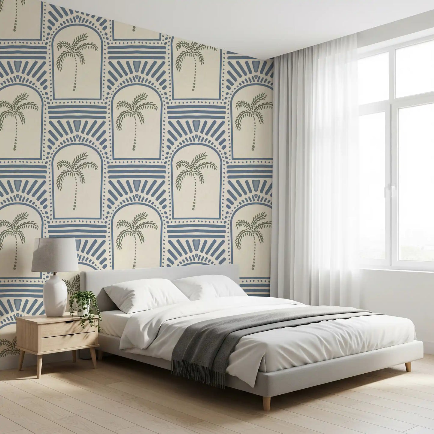 Linen-grounded Bedroom with slate blue archway wallpaper, sage palm trees inside.